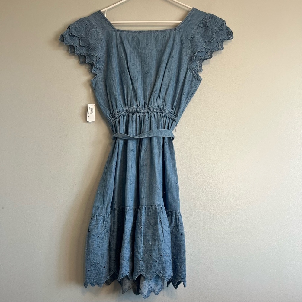 NWT Old Navy Denim Embroidered Mini Dress Cap Sleeve Square Neck Sz M Button Up - Picture 13 of 13